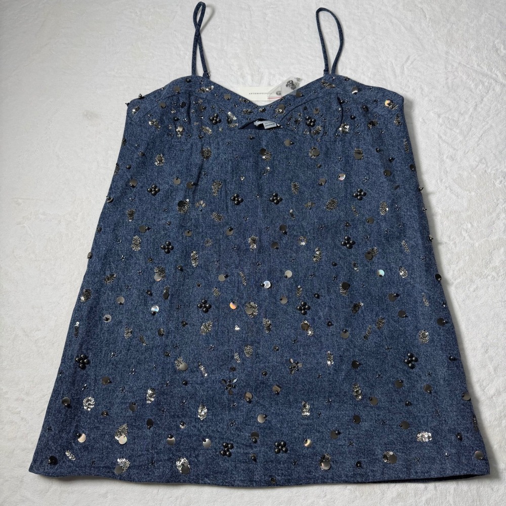 Dhruv Kapoor Anthropologie Blue Denim Sequin‎ Embellished Mini Dress XL NWT